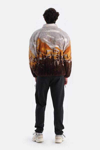 Dagi Dunkelbraunes Herren-Fleece-Sweatshirt mit Landschaftsmountain-Print