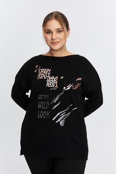 RMG Plus Size Boat Neck Leopard Pattern Printed Knitwear Black