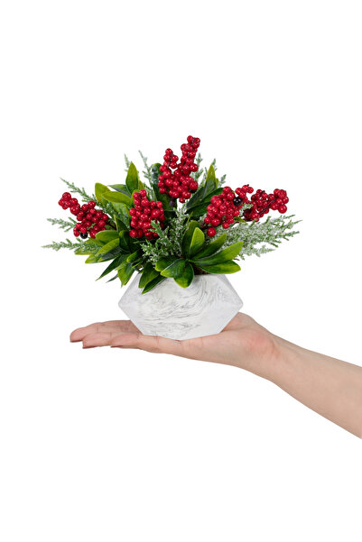 Çiçekmisin Mermer Görünümlü Saksıda Karlı Kokinalı Yapay Yılbaşı Çiçeği