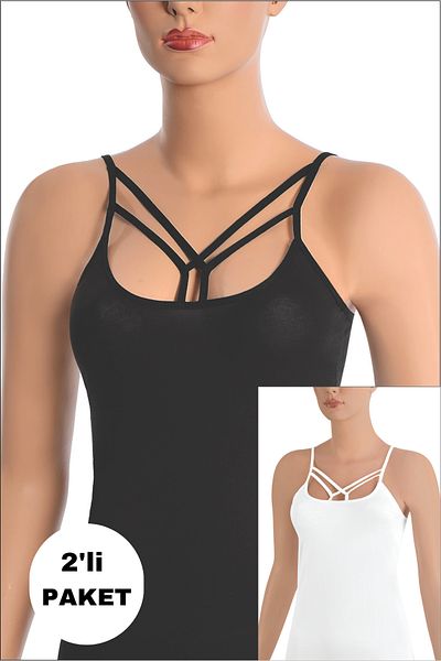 NİSYVE Black and White 2-Pack Lycra Cross Strap Women's Tank Top