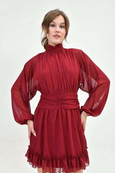 bayansepeti Rochie mini din șifon neagră, cu mâneci lungi și spate - 066