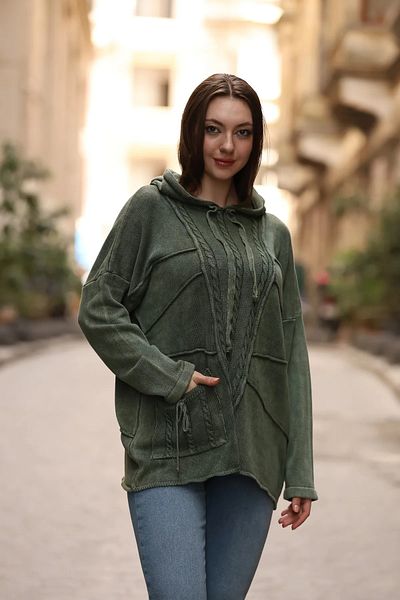 Sosyete Kaplumbağa 100% Cotton Authentic Knitwear - Oversize Loose Blouse Tunic with Hood, Print and Pocket