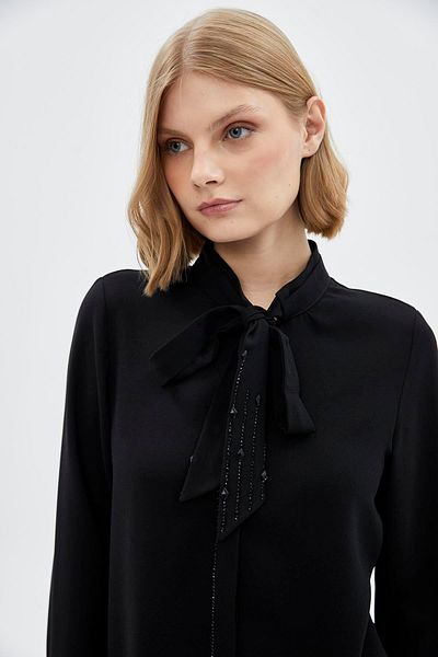 Zühre Bow Collar Long Sleeve Black Shirt G-0088