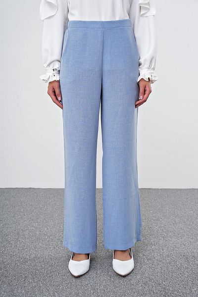 Zühre Leona - Pantaloni din țesătură albastră, picior lat și talie cauciucată P-0102