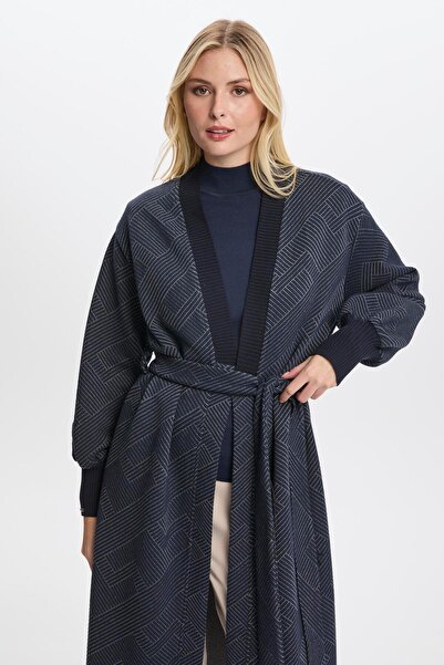 Zühre Navy Blue Patterned Belted Cardigan - Hr-0007 Midn