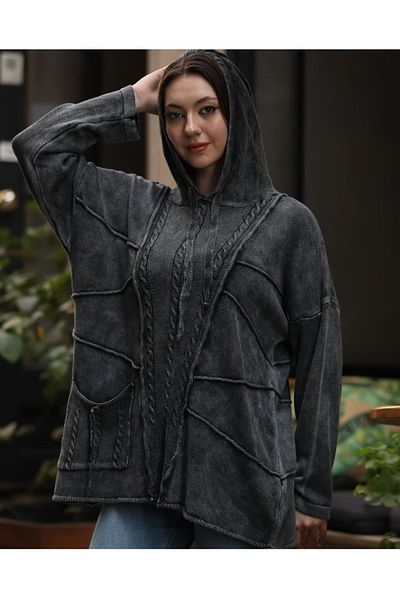 Sosyete Kaplumbağa 100% Cotton Authentic Knitwear - Oversize Loose Blouse Tunic with Hood, Print and Pocket