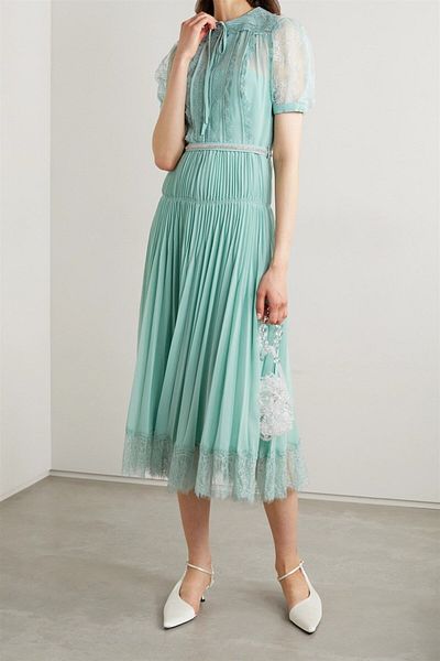 nish for you Water Green Half Sleeve Midi Lace Designer Dress