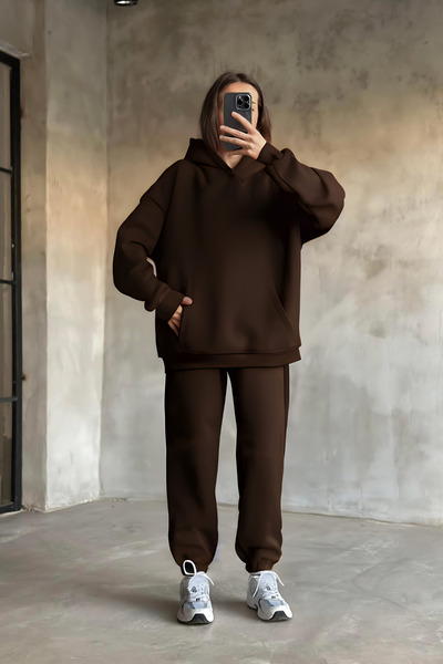 CMZ COLLECTİON Γυναικείο κομψό σετ φόρμας με κουκούλα και τσέπη καγκουρό, χωρ...