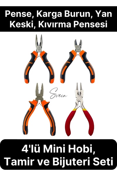 Svein Premium Mini 4'lü Karga Burun Yan Keski Kıvırma Pense Seti Hobi Bijuteri Takı Yapım El Aleti Çelik
