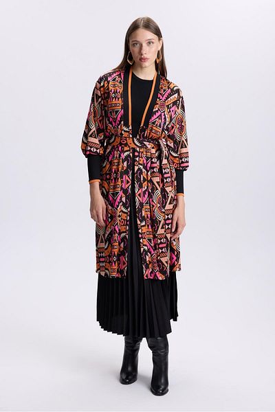 Zühre Cardigan din satin portocaliu - cu model și detaliu curea Hr-0007
