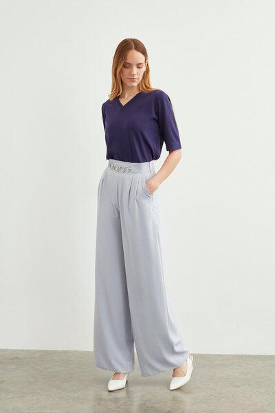 Zühre Aksesuar Detaylı Gri Salaş Pantolon P-0177