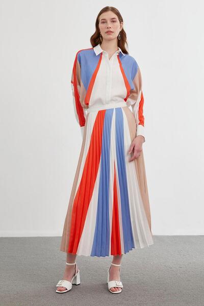 Zühre Pleated Color Blocked Orange Skirt ETK-0145