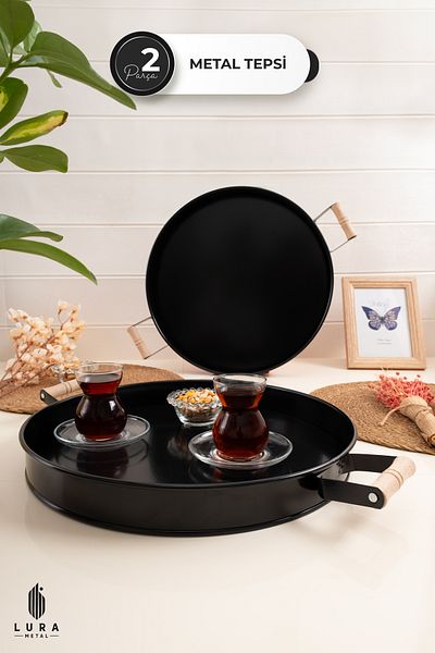 Skygo Set of 2 Black Wooden Handles Metal Tea and Coffee Presentation Tray - 37 cm