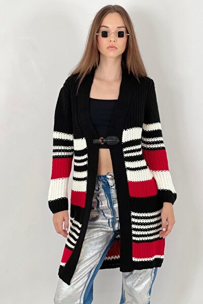 Miss Poem Women's Leather Buckle Closure Long Hijab Black Knitwear Cardigan