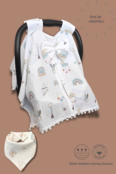 nelcollection Muslin Stroller Cover and Baby Carrier Cushion with Bib Gift, 100% Cotton