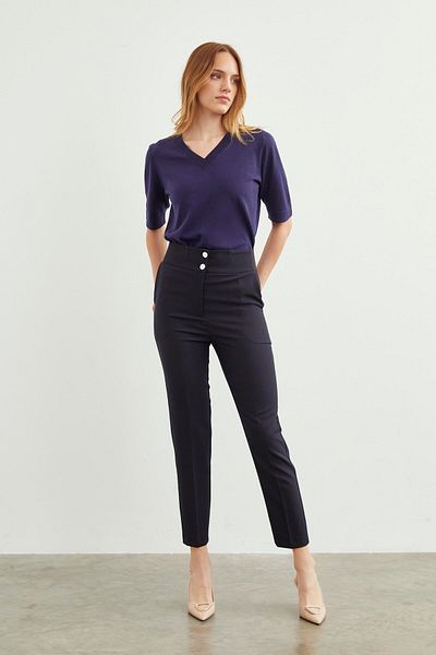 Zühre Navy Blue High Waist Fabric Trousers - P-0197