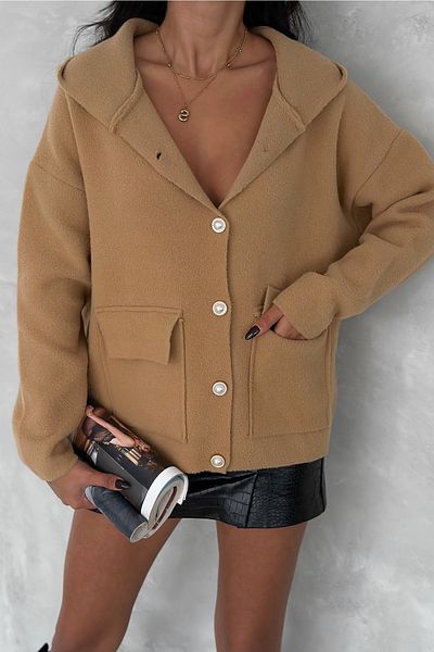 FEMELLE Cardigan de damă, maro, mărime standard, cu glugă, cu nasturi perlați, tricotaje supradimensionate