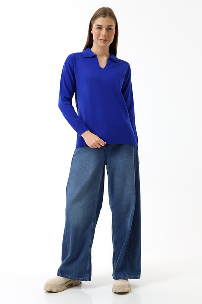 Devinka Μπλε Γυναικεία Πλεκτά Μπλούζα - Πόλο Λαιμόκοψη, Μακρυμάνικο