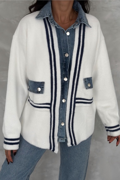 FEMELLE Women's White Standard Size Oversize Premium Cardigan with Button Pocket and Denim Detail