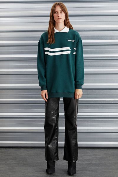 GRIMELANGE Arlene Damen-Sweatshirt ohne Fleece, Polokragen, grün, mit detailliertem Druck