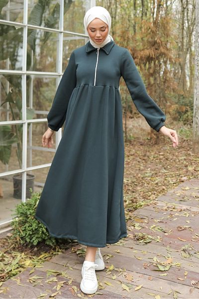 Bestenur Rochie Dicle cu fermoar pe jumătate 696 - Verde petrol