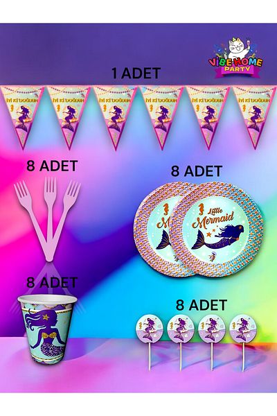 VibeHome Mermaid Themed Eco Set for 8 - Birthday Party and Fun Events