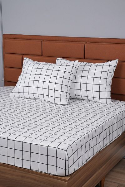 ALTINPAMUK 2 Pillowcases - Double White Sheet Gift, 160X200 Checkered Elastic