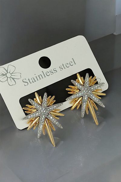 Çlk Accessories Steel Stone Embroidered Plate North Star Earrings