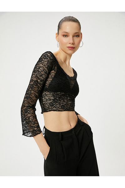 Koton Tricou scurt din dantelă cu mânecă lungă cu gât rotund