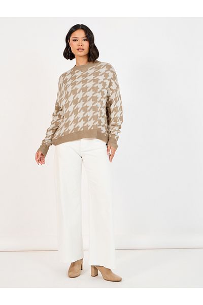 Styli Boxy Fit Regular Length Houndstooth Pattern Sweater
