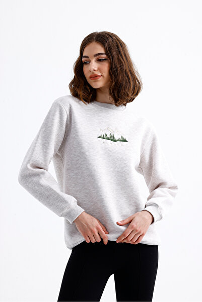 Northlight Unisex Bej Melanj Alaska Nakışlı Bisiklet Yaka İçi Yumuşak Polarlı...