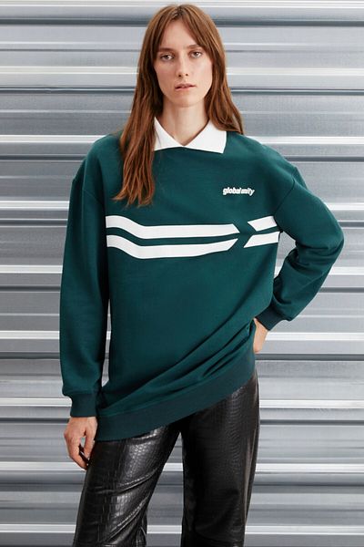 GRIMELANGE Arlene Damen-Sweatshirt ohne Fleece, Polokragen, grün, mit detailliertem Druck