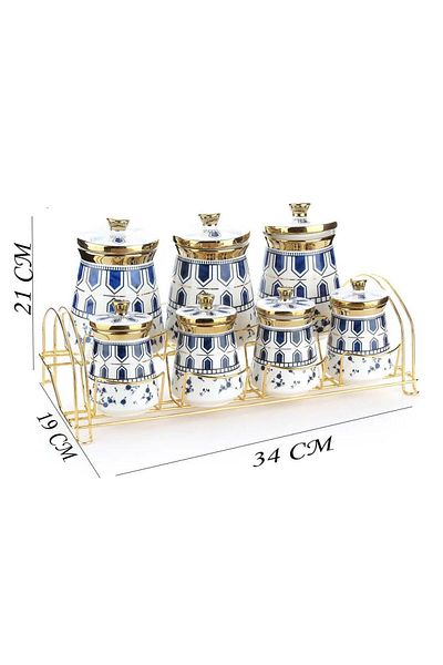 Altabi Blue Patterned Porcelain Seasoning Set - with Metal Stand