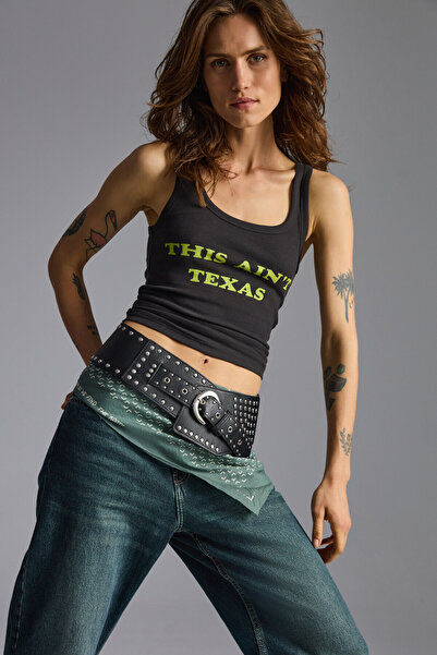 GRIMELANGE Elvıretta Kadın Basic Baskı Detaylı Organik Pamuklu Slim Fit Koyu Antrasit Atlet