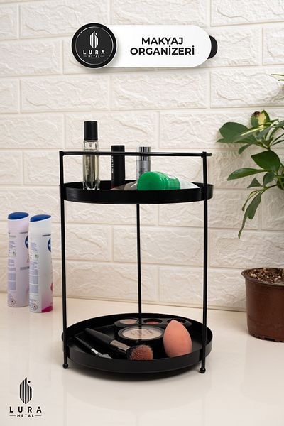 Skygo Organizator de machiaj din metal negru cu 2 niveluri - Organizator de machiaj 22x30 cm