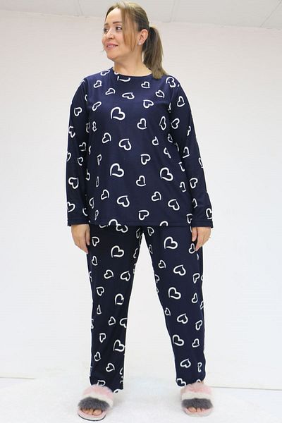 Eslina 47814 Plus Size Micro Suede Long Sleeve Pajamas Set - Big Heart Navy