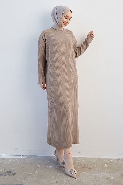 InStyle Arissa Μακρύ Πλεκτό Φόρεμα Turtleneck - Μπεζ