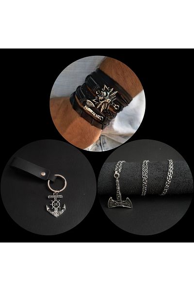 BSN Store Skandinav Viking Wolf Figure Leather Bracelet Keychain & Necklace Set of 3