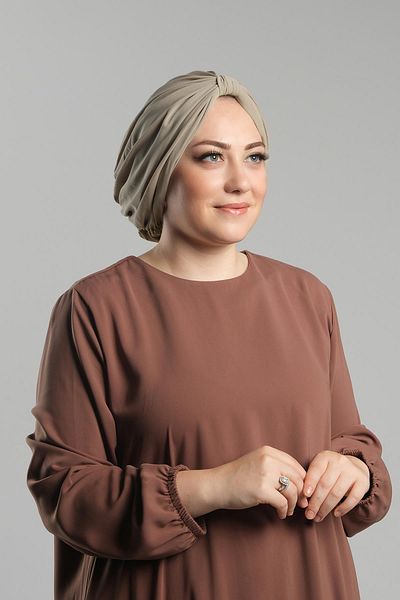 HÜRREM BONE Πρακτικό έτοιμο κουκούλα Hijab Σκούρο Μπεζ - Άμμο Πλισέ Casual 2121_44