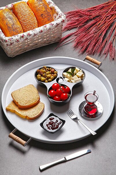 kitchen trend Metal 51 Cm Beyaz Ahşap Kulplu Yuvarlak Tepsi, Kahvaltı Tepsisi, Sunum Tepsisi