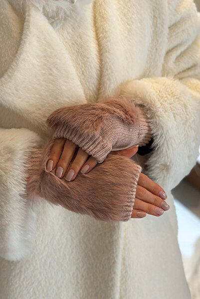 REMSA Peluş Detay Kadın Örme Kesik Eldiven ELD-30 Pudra