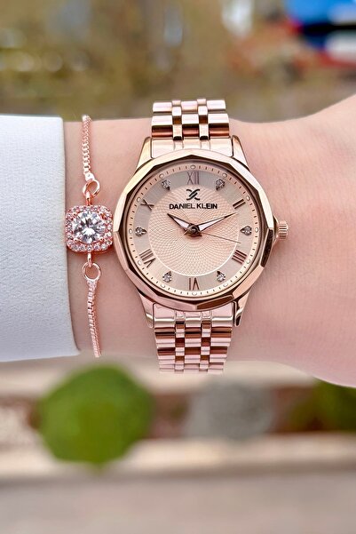 Daniel Klein Bronz Renk 24 Ay Garantili Kesme Camlı Kadın Kol Saati ve Bileklik