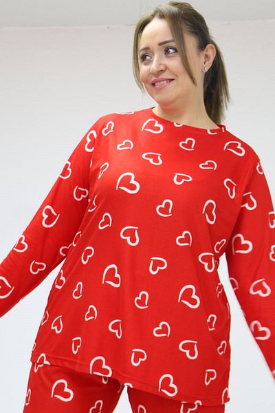 Eslina 47814 Plus Size Micro Suede Long Sleeve Pajamas - Big Heart Red