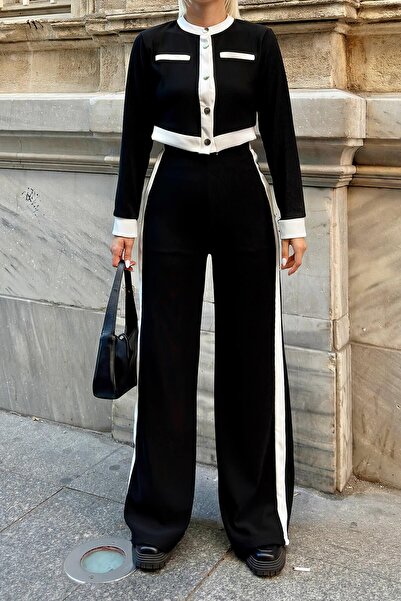 Swist Fekete díszítésű csíkos részletes Crop-Pants női alsó-felső szett