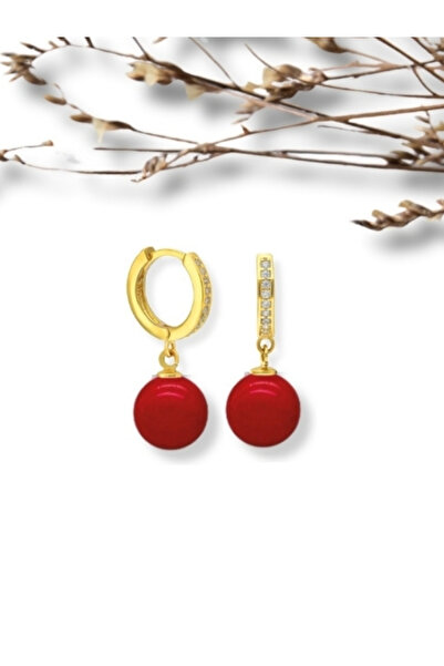 bymissmücevherat Şık Gold Renk Mercan Taşlı 925 Ayar Gümüş Küpe