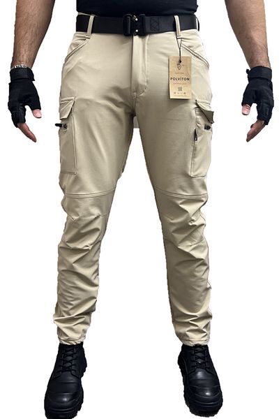 Polviton Beige Men's Slim Fit Combat Pants - Water Repellent with Cargo Pockets