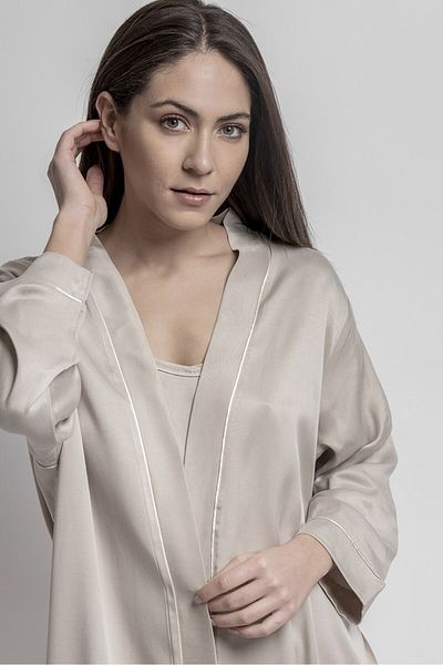 Gül Güler Fiore Stone Color Dressing Gown and Nightgown Set - Large