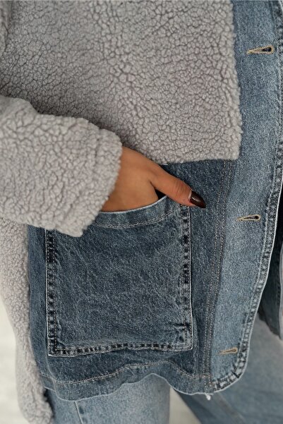 FEMELLE Women's Gray Snap Button Jeans Garnished Hooded Plush Jacket