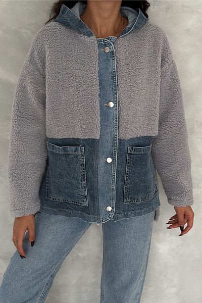 FEMELLE Women's Gray Snap Button Jeans Garnished Hooded Plush Jacket