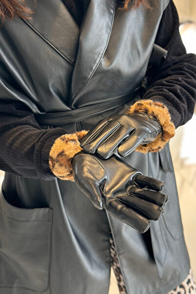 REMSA Women's Leather Gloves with Black Leopard Plush - Eld-27